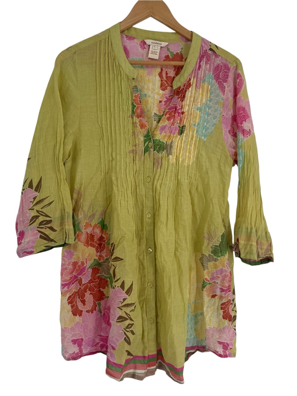 Sundance Floral Top Green Lightweight Pleated Boho Tropical Beach Tunic Size L - Picture 2 of 11